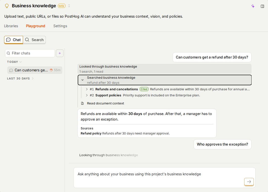A Playground chat with the Looked through business knowledge row open, showing a search step and its ranked chunks, one tagged Cited