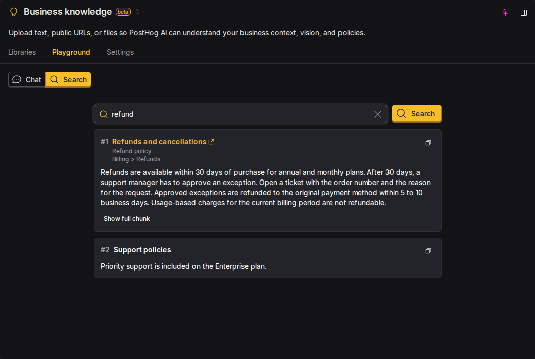 Playground Search results for the query refund, listing two ranked chunks